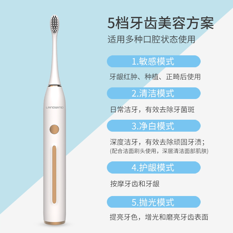 蓝韵 电动牙刷成人家用震动充电式 自动超声波软毛牙刷情侣款 洁面刷二合一 白色