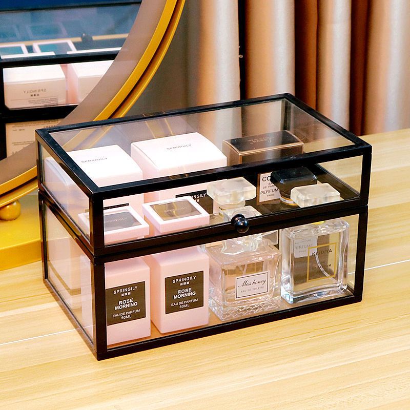 香水收纳盒防尘透明化妆品香水玻璃展示架梳妆台护肤品桌面收纳盒黑色