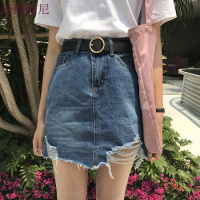 韩版夏季百搭复古水洗渐变破洞毛边纯色牛仔包臀半身裙短裙女