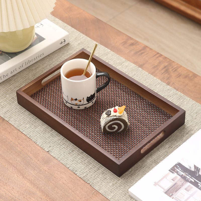 中式风餐厅牛排烧烤盘子重竹棕栗色长方形提手[35*25*4]+仿竹垫高清大图