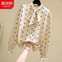 春秋雪纺衬衫气质时尚波点宽松韩范大码胖MM显瘦上衣 杏色 M【建议95-105斤左右】