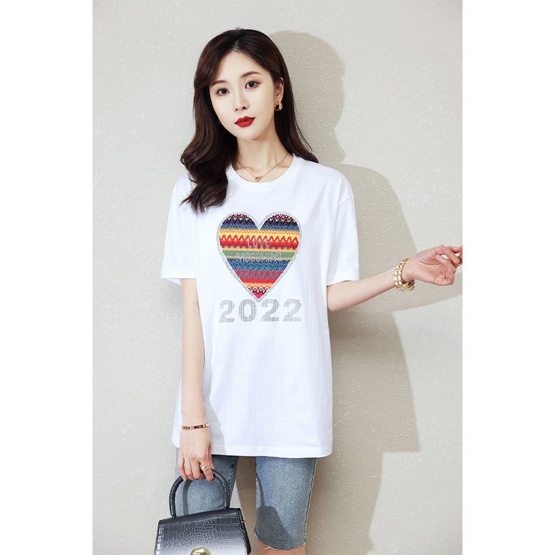 CACHE CACHE夏季圆领爱心烫钻短袖女2022年新款炸街宽松百搭T恤
