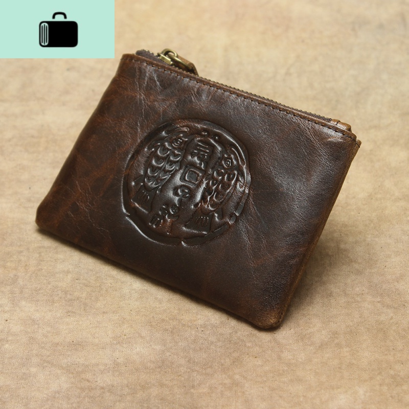 疯马皮新款零钱包真皮迷你小钱包男女纯牛皮手工钥匙包超薄卡包潮NEWLAKE 双鱼油皮深咖色【限量】