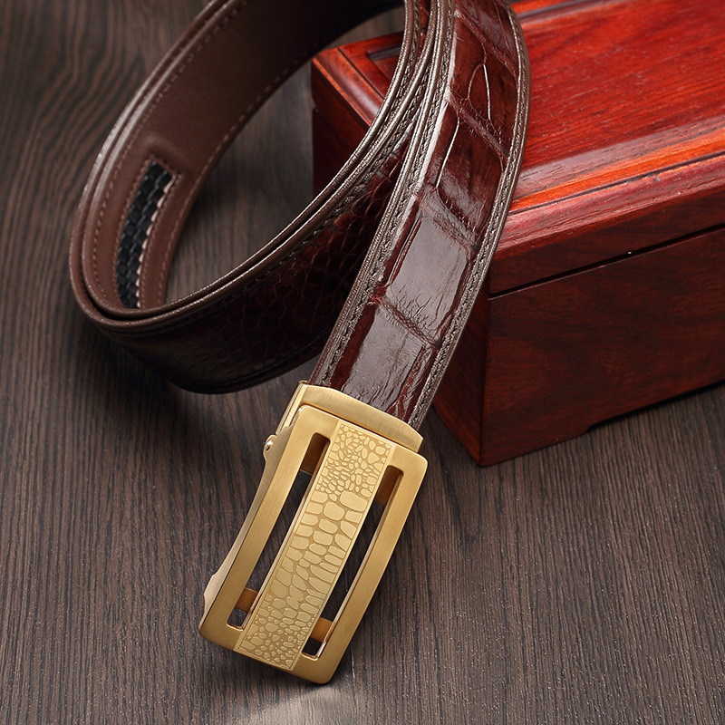 pordi宝迪品牌鳄鱼皮皮带男商务不锈钢简约真皮自动扣34男士腰带头层