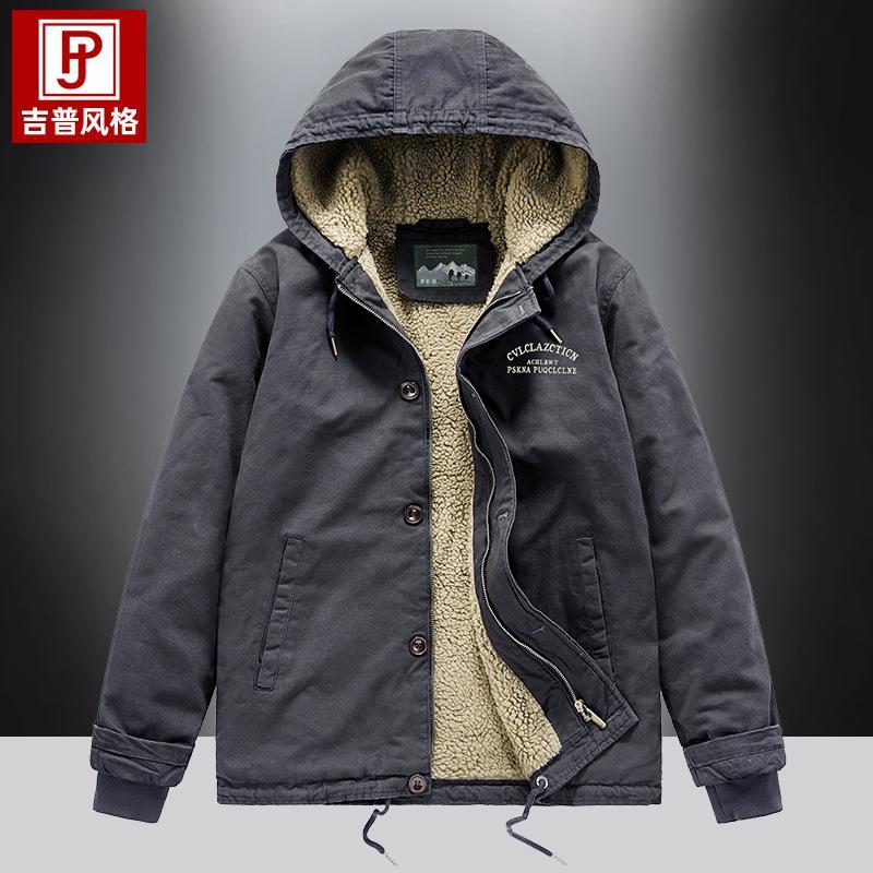 jpdun吉普盾男士棉衣男冬季加厚羊羔毛外套加绒工装飞行夹克棉服羔