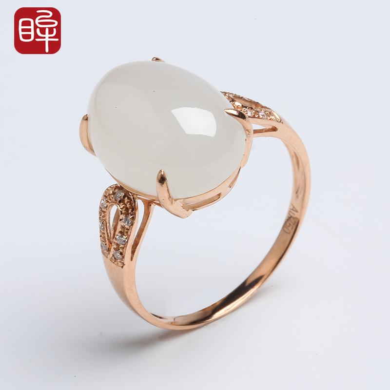 印象眸 18k金镶钻镶和田玉白玉戒指 女款镶钻戒指玉石指环 附送证书