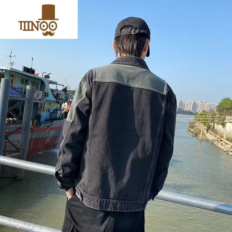 YANXU2023秋季拼接撞色牛仔外套男士潮牌宽松百搭潮流翻领工装休闲上衣高清大图
