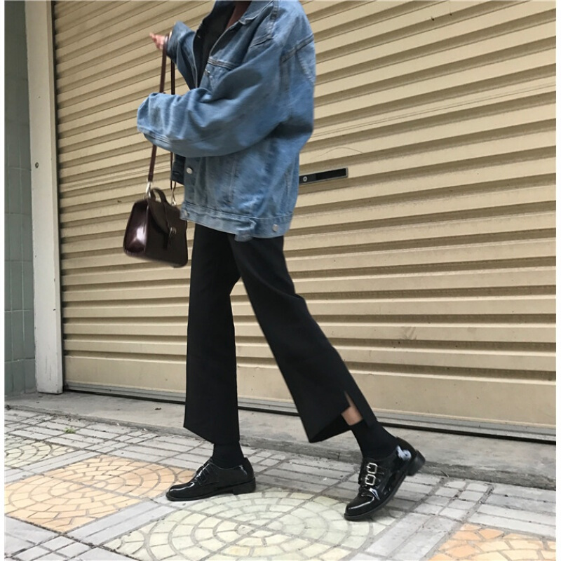 春装韩国女装宽松显瘦直筒裤西装裤子百搭高腰斜切边九分裤休闲裤黑色
