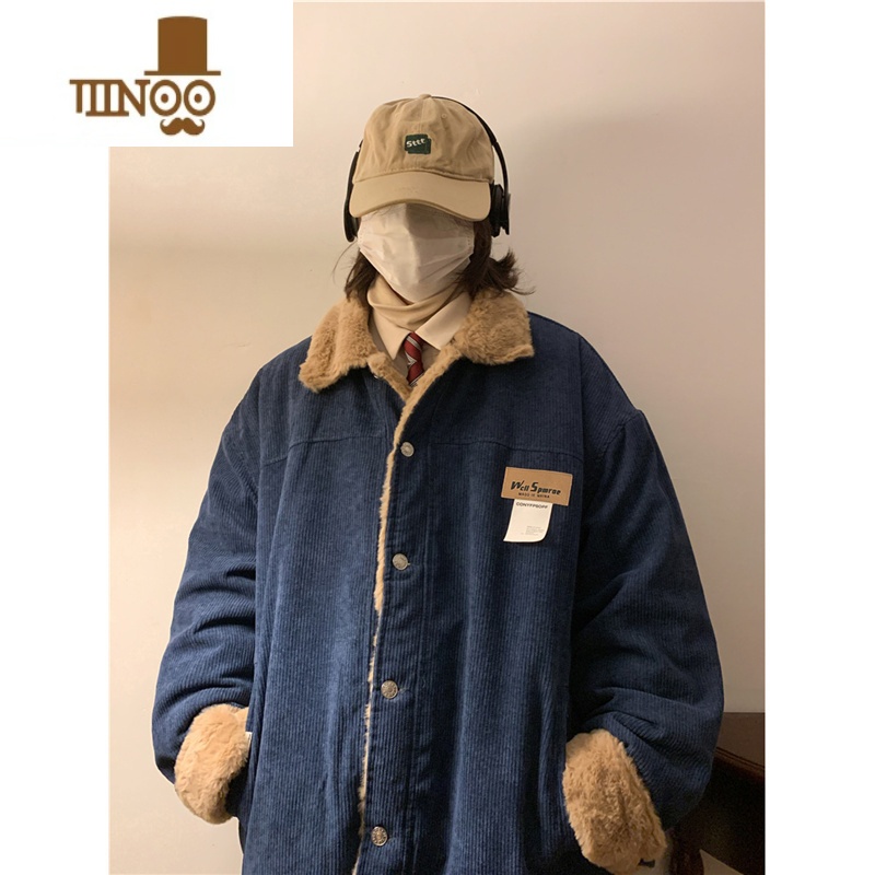 YANXU冬季加绒加厚羔毛棉衣男日系灯芯绒棉服bf宽松潮牌工装棉袄外工 2XL 蓝色
