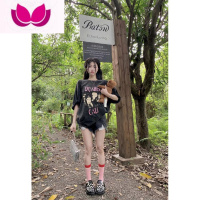 七斓美式复古水洗做旧短袖印花T恤女装春季黑色宽松设计感中长款上衣