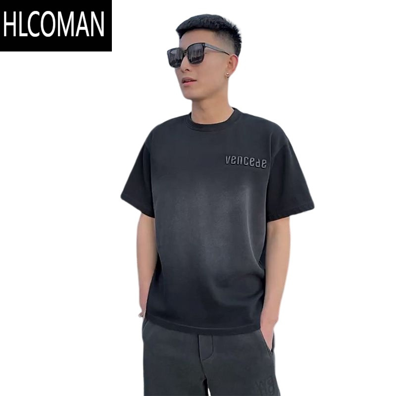 HLCOMAN网红同款小衫夏季渐变做旧短袖t恤男半截袖潮流百搭情侣短袖t