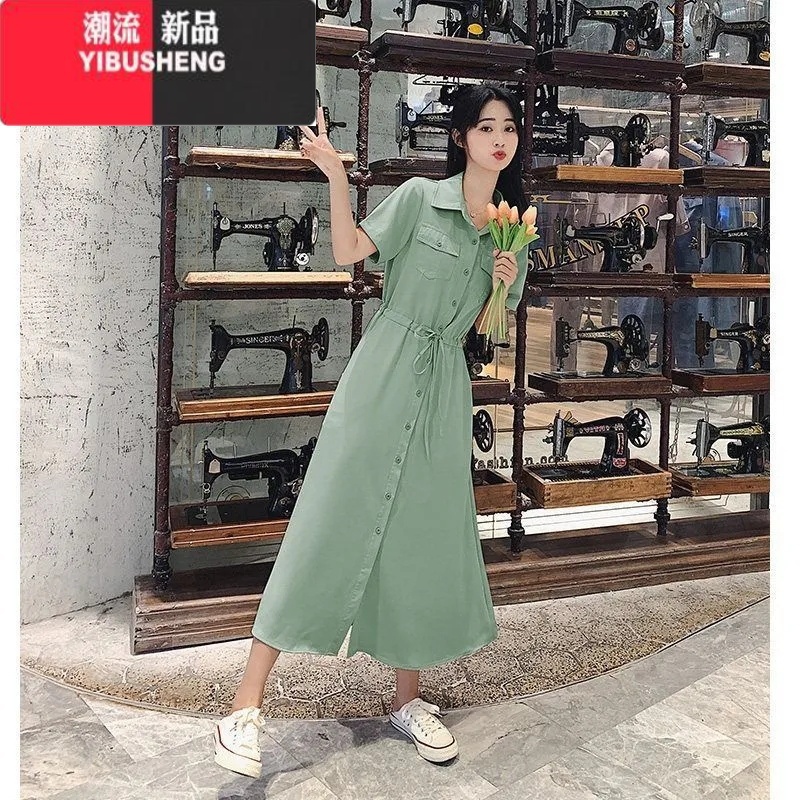 YIBUSHENG连衣裙女短袖季2024系带收腰显瘦休闲气质森系初恋衬衫过膝长恋高清大图