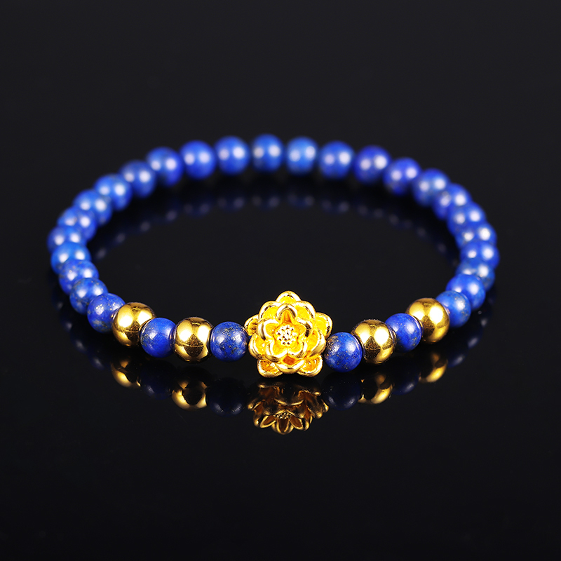黄金码头 3D硬金999足金莲花、金珠青金石手串黄金转运珠手链