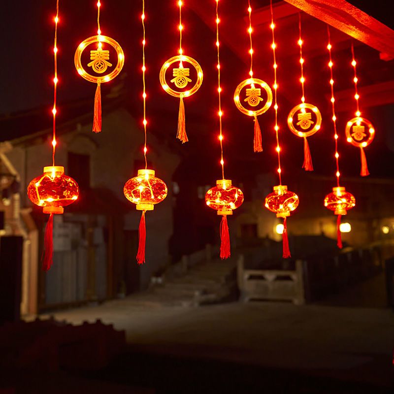 新年红灯笼串春节装饰房间阳台庭院客厅过年氛围灯小灯笼灯串灯饰-3米宽灯笼【三层】窗帘插电款-无规格高清大图