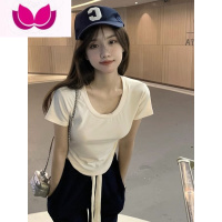 七斓2023夏季设计感小众纯欲风甜辣妹性感u领短袖t恤女不规则短款上衣