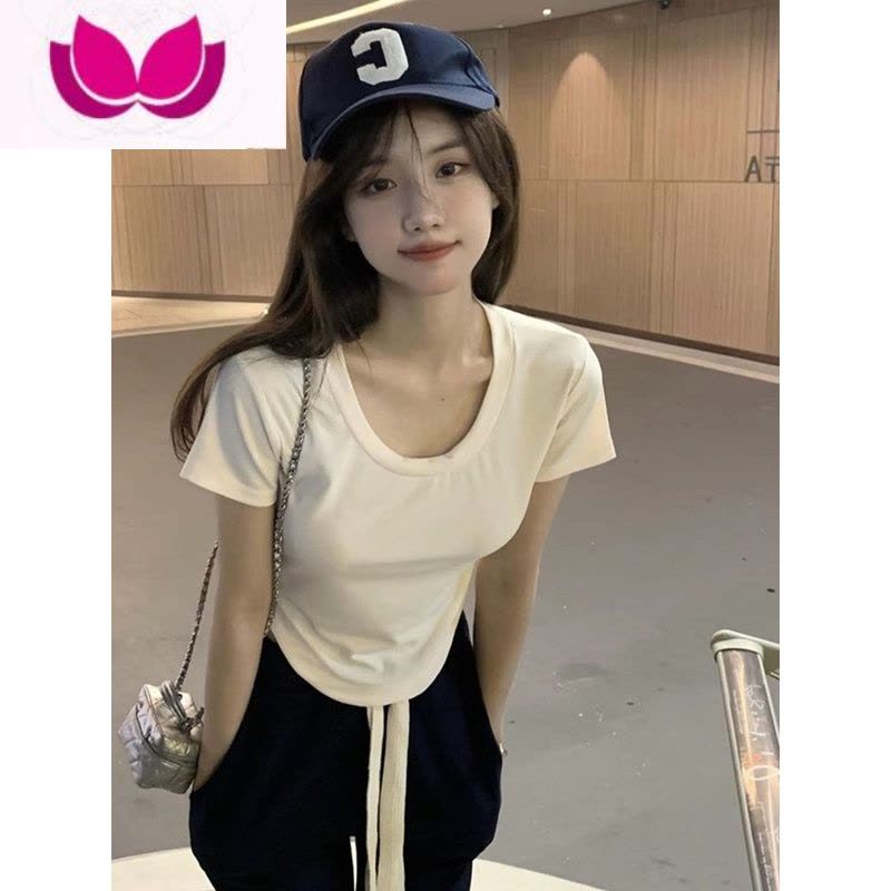 七斓2023夏季设计感小众纯欲风甜辣妹性感u领短袖t恤女不规则短款上衣图片
