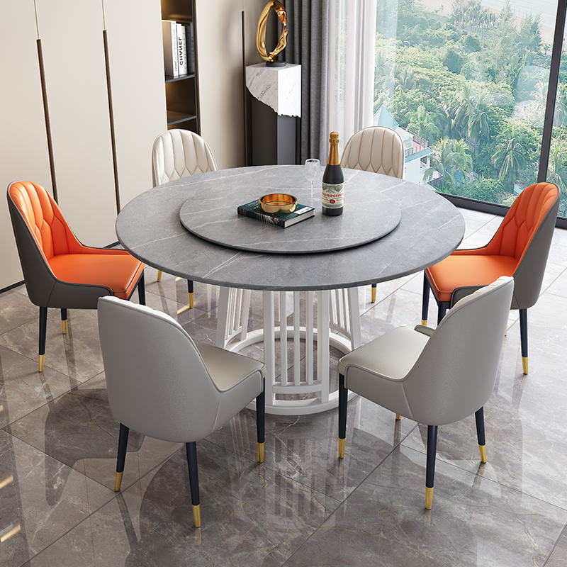 欧梵森 北欧轻奢岩板餐桌意式实木餐桌椅组合家用小户型饭桌现代简约大理石圆桌转盘