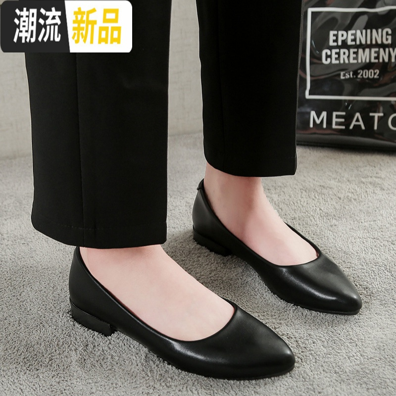工作鞋女黑色皮鞋秋季职业空姐上班尖头平底粗跟中跟软底防滑单鞋广赫