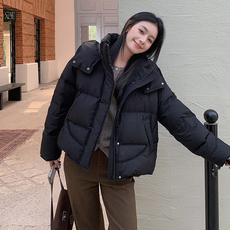 90鸭绒平湖羽绒服2025年秋冬保暖韩版百搭外套女短款连帽85326 S125斤以内 墨染黑色