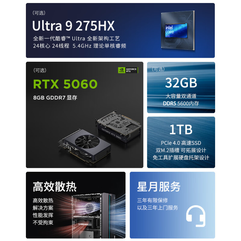 联想(Lenovo)GeekPro设计师游戏台式电脑整机 定制(酷睿U9-275HX RTX5060 8GB显卡 32G DDR5 2TB SSD)配27英寸显示器高清大图