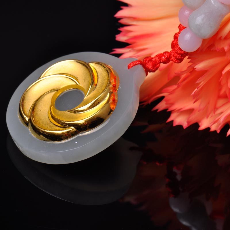 梦克拉 Mkela 足金镶和田玉海棠花吊坠女款 金镶玉吊坠 3D硬金 风花雪月 冰糯种 玉石吊坠