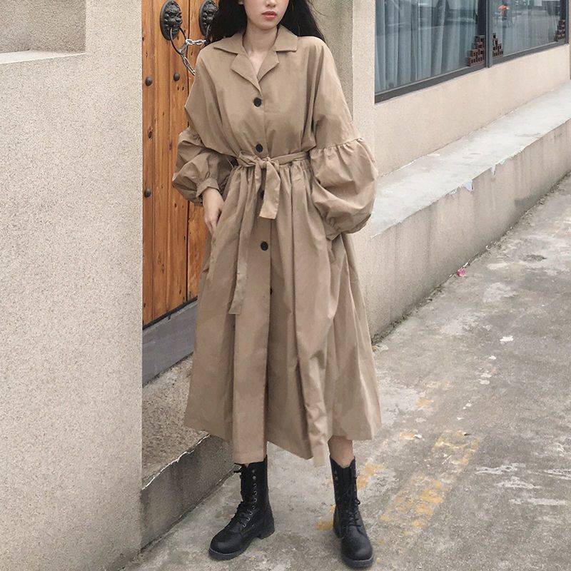 2021年新款秋季中长款风衣小个子抽绳工装外套女卡其色大衣潮