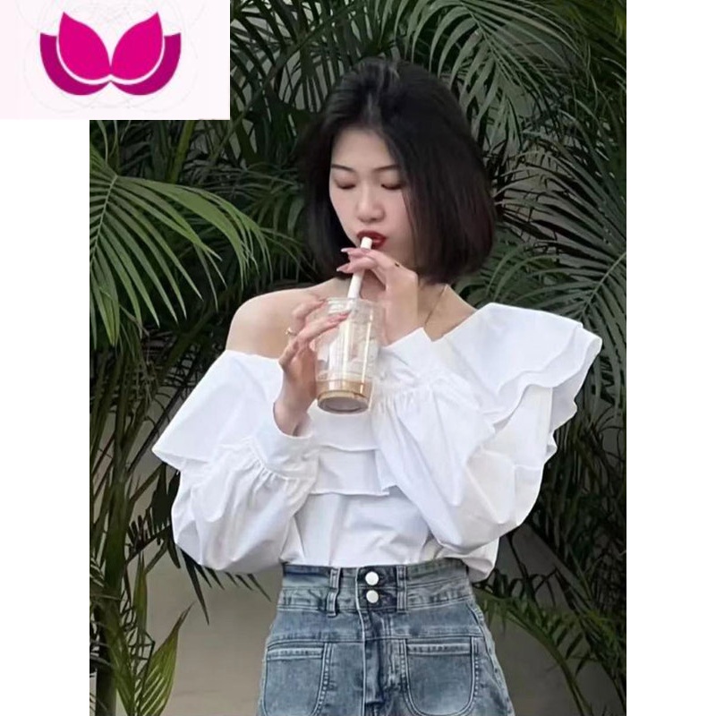 七斓春季新款一字肩上衣甜美荷叶边露肩衬衫女装韩版牛仔裙小个子套装高清大图