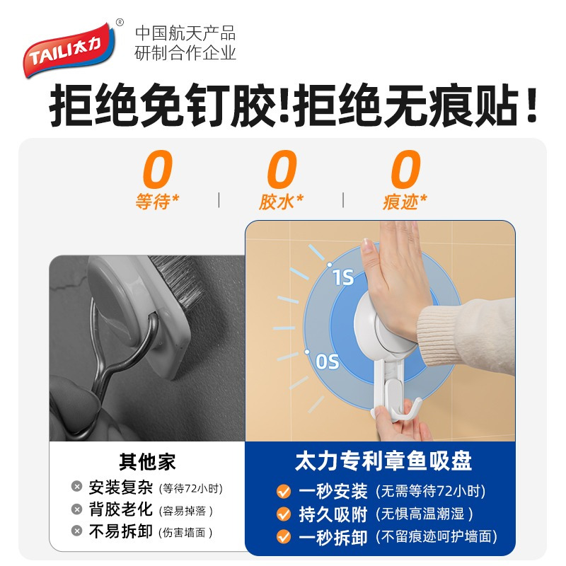 太力免打孔吸盘挂钩无痕强力粘胶墙壁门后厨房锅铲用承重壁挂粘钩高清大图