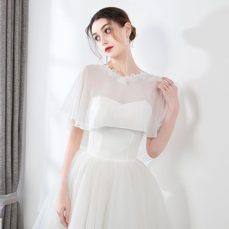 白色雪纺网纱礼服蕾丝小披肩夏百搭短款坎肩婚纱旗袍披肩外搭配裙子女
