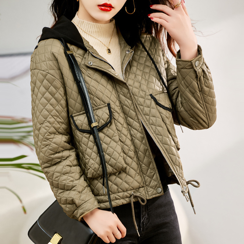 权小威 秋冬短款棉衣女2022新款休闲连帽菱形格纹轻薄棉服小个子外套