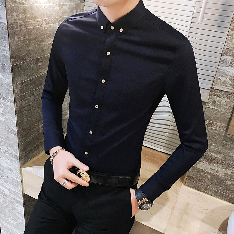 2018年春装男士天蓝色长袖衬衫浅蓝色衬衣韩版修身职业装制服粉色