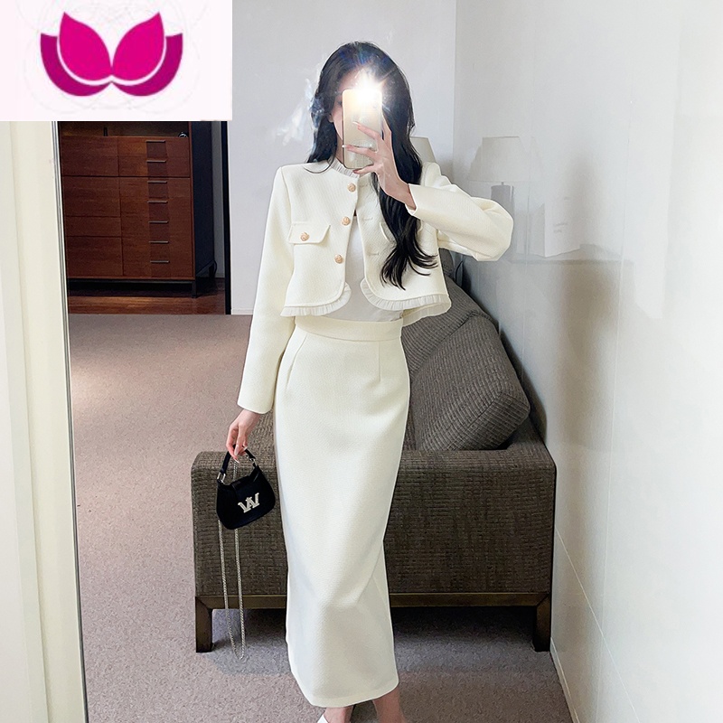 七斓2023早春新款小香风套装女法式高级感气质短外套+半身长裙套 S 米白色