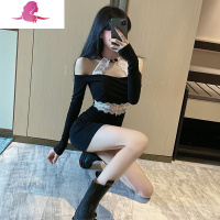 艳如飞一字肩挂脖蕾丝收腰显瘦包臀连衣裙长袖春秋季夜场蹦迪小短裙性感连衣裙