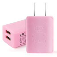 优加 Hello KittyUSB多口快充手机充电器 适用于苹果7/6s安卓华为通用头 2A双USB-粉色