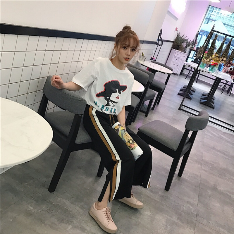 韩版运动休闲套装春夏女装短袖T恤学生打底上衣+开叉阔腿裤两件套卡其T+裤子均码