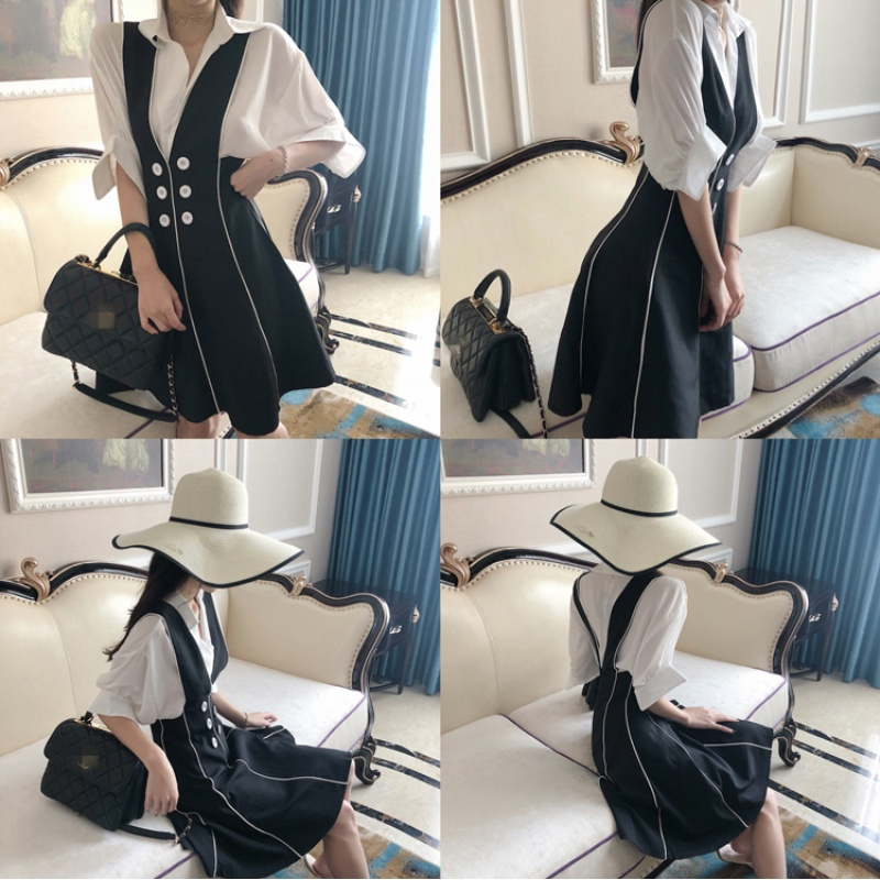 韩版套装女夏季新款气质V领衬衫双排扣背带连衣裙原宿风两件套女