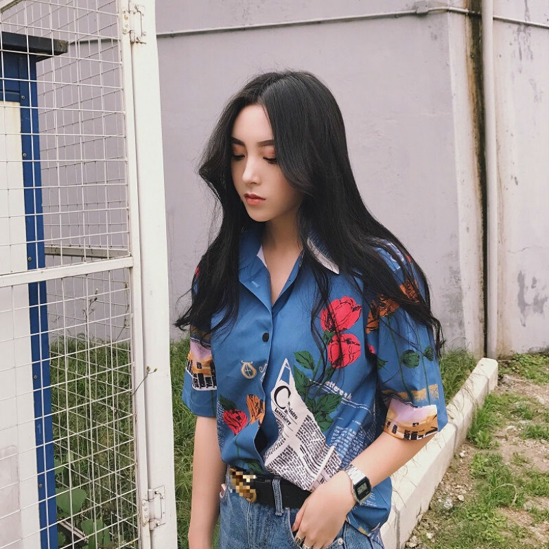 港风复古夏季韩风潮牌玫瑰印花宽松短袖衬衫上衣女POLO衫图片色