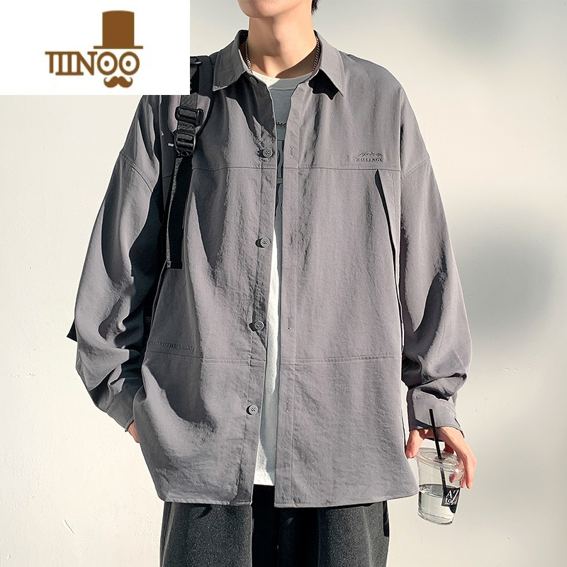 yanxu长袖衬衫男士宽松潮牌衬衣服古巴领感男款工装休闲外套