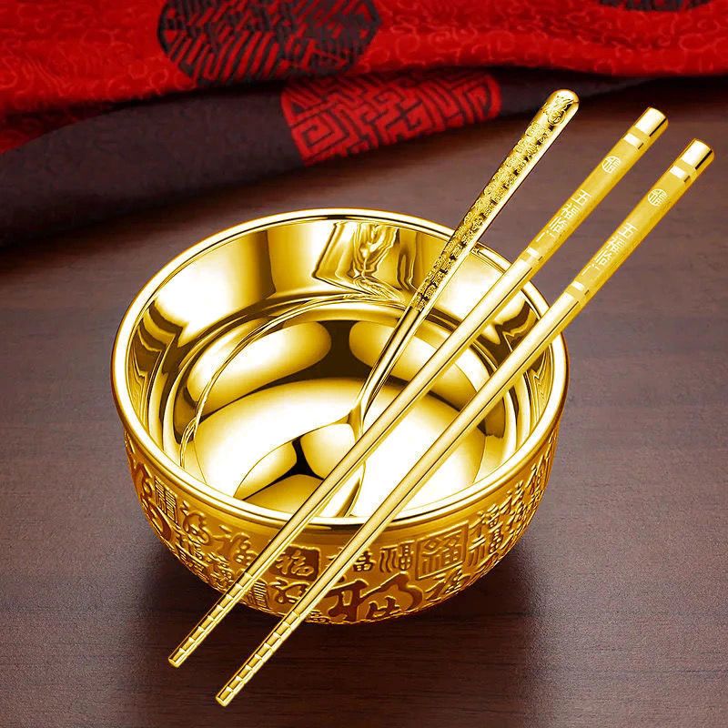 黄金色金碗筷子勺子套装沙金富贵龙凤金银碗三件套镀黄金招财摆件