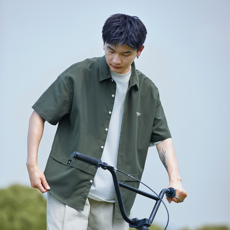 [1.5折价58元]唐狮短袖衬衫男小细节拼接短袖衬衫男士短袖衬衫短袖衬衫男夏季