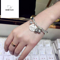 S925银复古手工银单圆牌弯管手链女泰银百搭银钱袋手串礼物送长辈