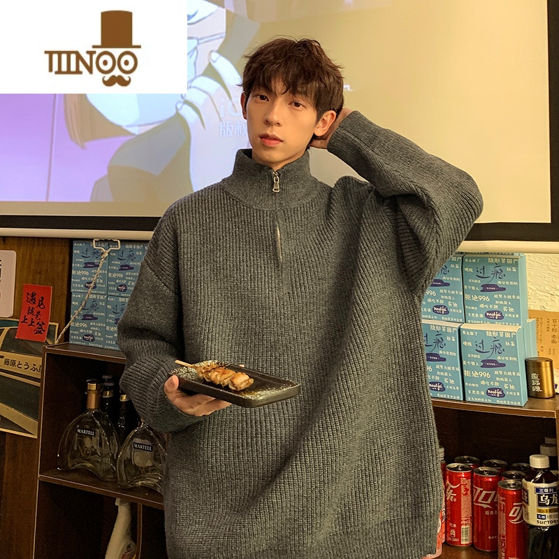 YANXU半高领拉链套头毛衣男秋季慵懒风纯色打底针织衫复古休闲百搭上衣高清大图