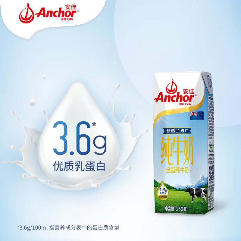安佳全脂纯牛奶250ml*24盒 新西兰进口 3.6g蛋白 草饲奶源