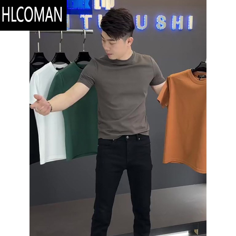 HLCOMAN2025夏季时尚修身纯色弹性透气修身潮流圆领百搭打底体恤短袖男士 咖灰色 M100-120斤