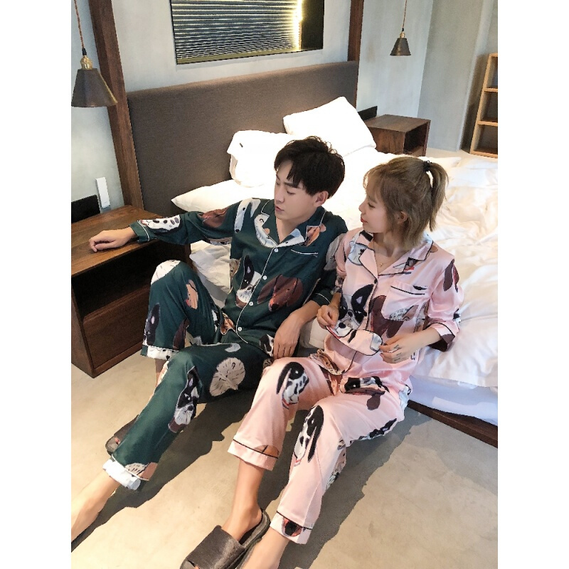 情侣睡衣夏冰丝女长袖丝绸男士薄款宽松卡通春秋韩版家居服套装