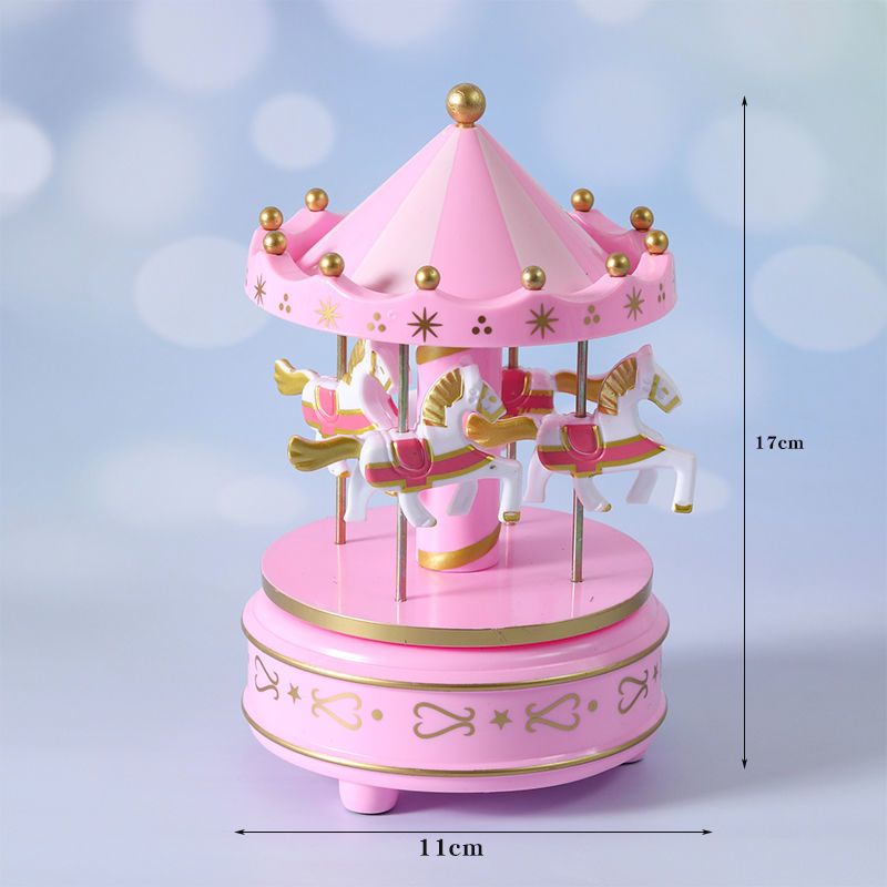旋转木马音乐盒蛋糕装饰少女心带灯光八音盒儿童生日烘焙装饰摆件 粉色旋转木马音乐盒 塑料爱心 1个