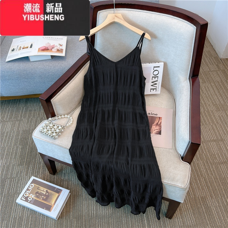 YIBUSHENG海边度假沙滩裙女仙装大码胖mm显瘦高级感梨形身材吊带连衣裙 赫本黑时尚/爆款韩系/夏天新款女装/名媛气质小香风/网红炸街 3XL建议160-180斤