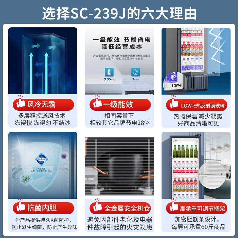 海尔(Haier)立式冰柜215升冷藏保鲜柜饮料柜 透明玻璃门 水果展示柜商用 超市便利店冷饮啤酒冷藏柜SC-239J高清大图