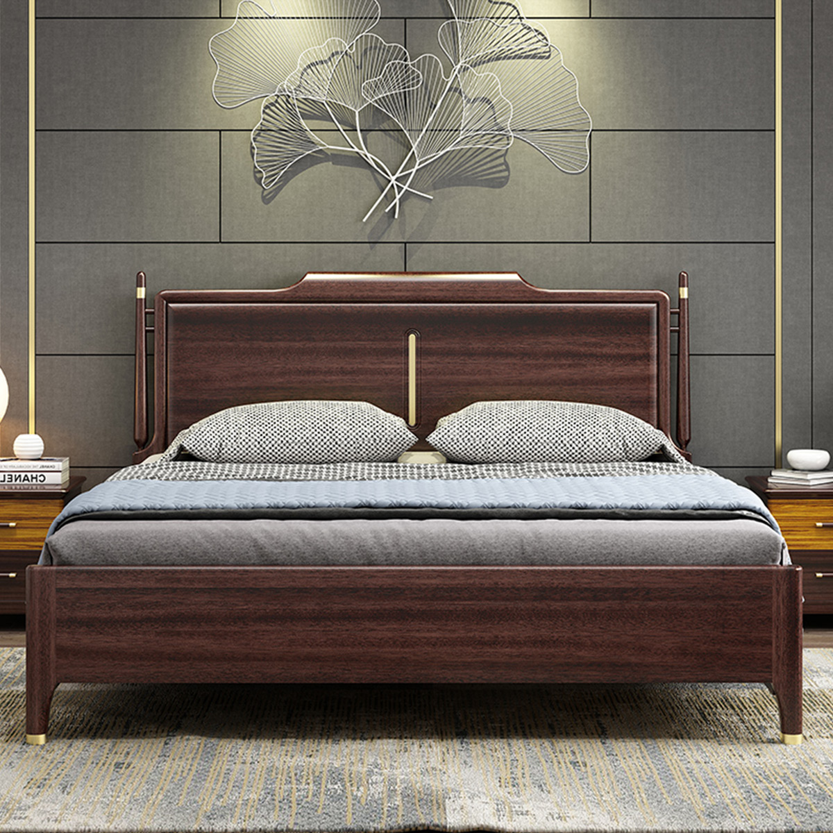 采百木(caibaimu)胡桃木实木床现代简约主卧1.8米1.