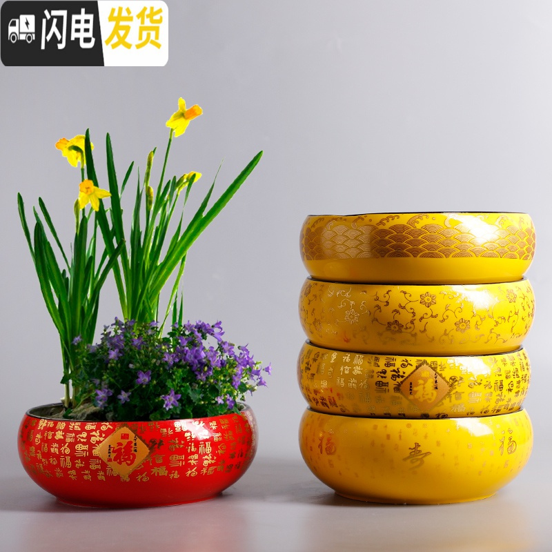 三维工匠水仙花盆陶瓷无孔水培容器铜钱碗莲一叶莲植物盆特大号 款式23 中等花盆容器高清大图
